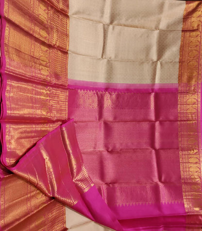 Off White Handloom Kanjeevaram Pure Silk Saree - Luxurion World
