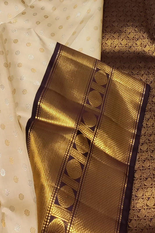 Off White Handloom Kanjeevaram Pure Silk Saree - Luxurion World