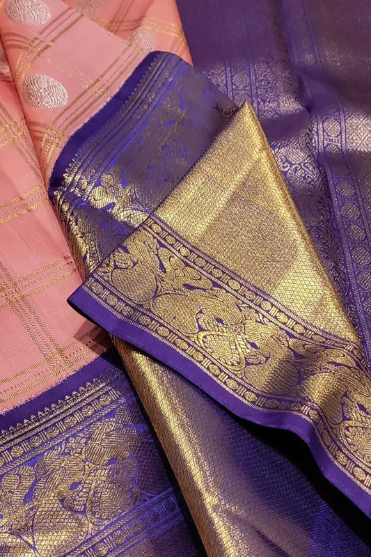 Pink Handloom Kanjeevaram Pure Silk Saree with Contrast Border - Luxurion World