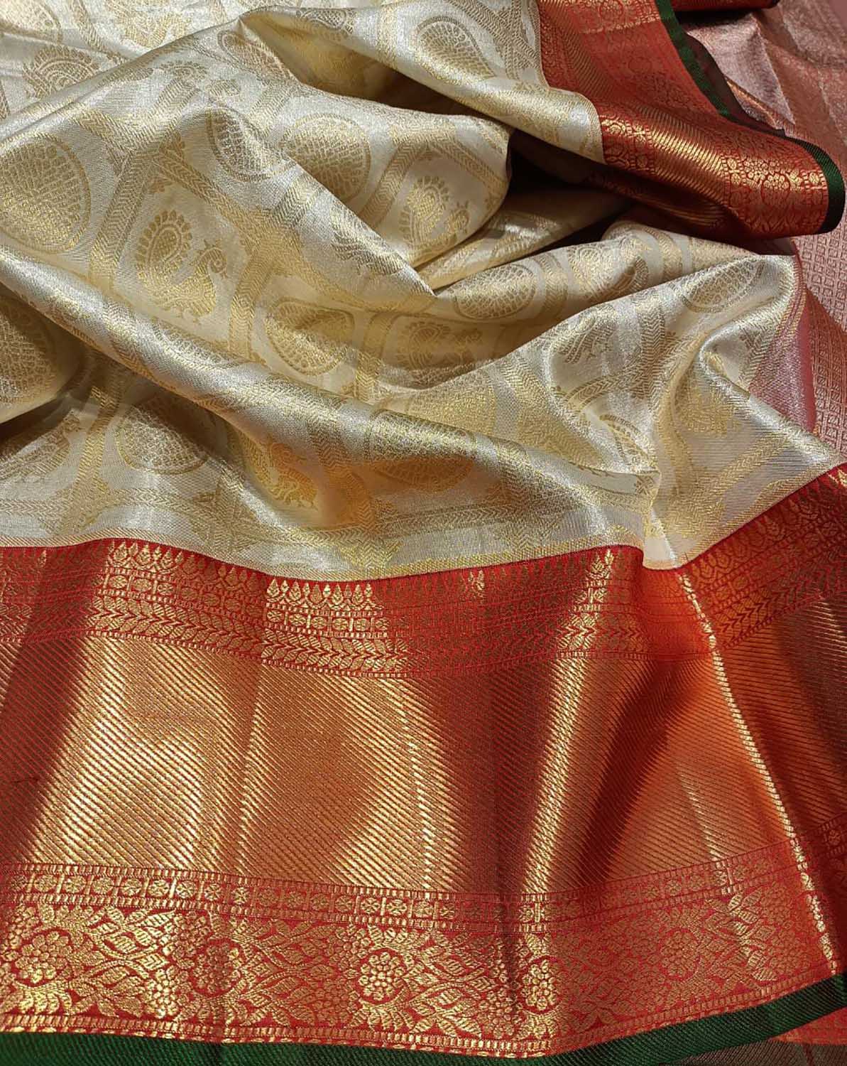 Shop Off White Kanjeevaram Handloom Pure Silk Saree - Elegant & Timeless - Luxurion World