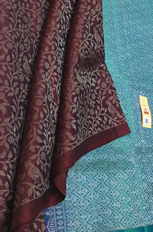 Brown Handloom Kanjeevaram Pure Silk Saree - Luxurion World