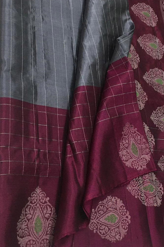 Grey Kanjeevaram Handloom Pure Silk Saree - Luxurion World