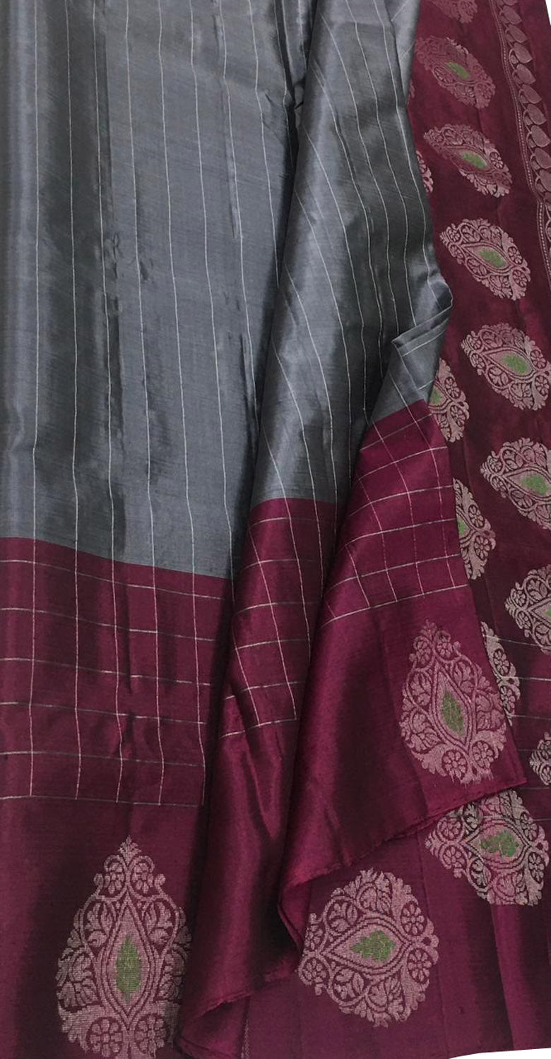 Grey Kanjeevaram Handloom Pure Silk Saree - Luxurion World