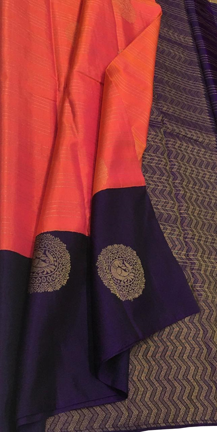 Pink And Orange Shot Kanjeevaram Handloom Pure Silk Saree - Luxurion World