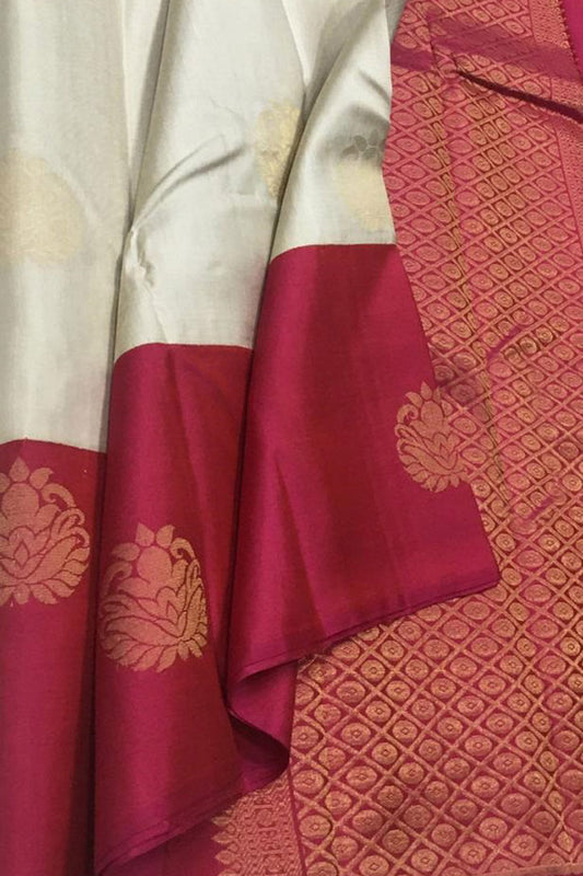 Off White Kanjeevaram Handloom Pure Silk Saree - Luxurion World