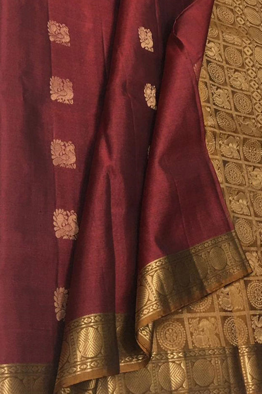 Elegant Maroon Kanjeevaram Handloom Pure Silk Saree - Luxurion World