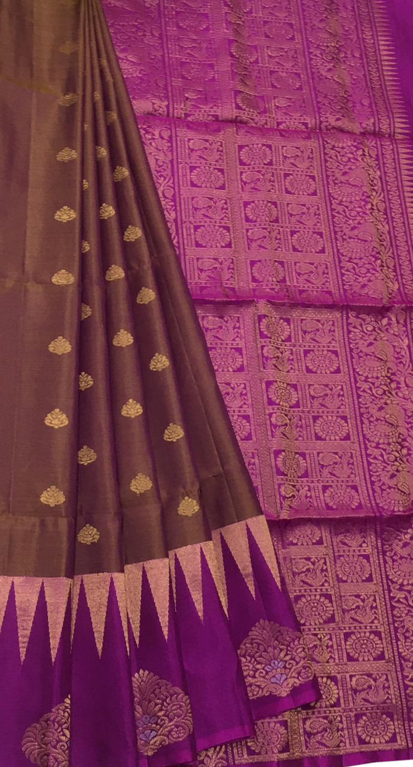 Elegant Brown Kanjeevaram Handloom Pure Silk Saree - Luxurion World