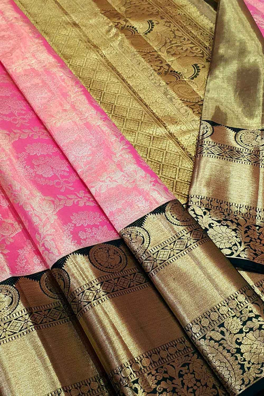 Pink Kanjeevaram Handloom Pure Tissue Silk Saree - Luxurion World
