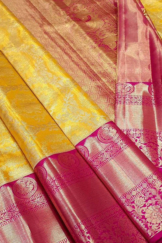 Yellow Kanjeevaram Handloom Pure Tissue Silk Saree - Luxurion World