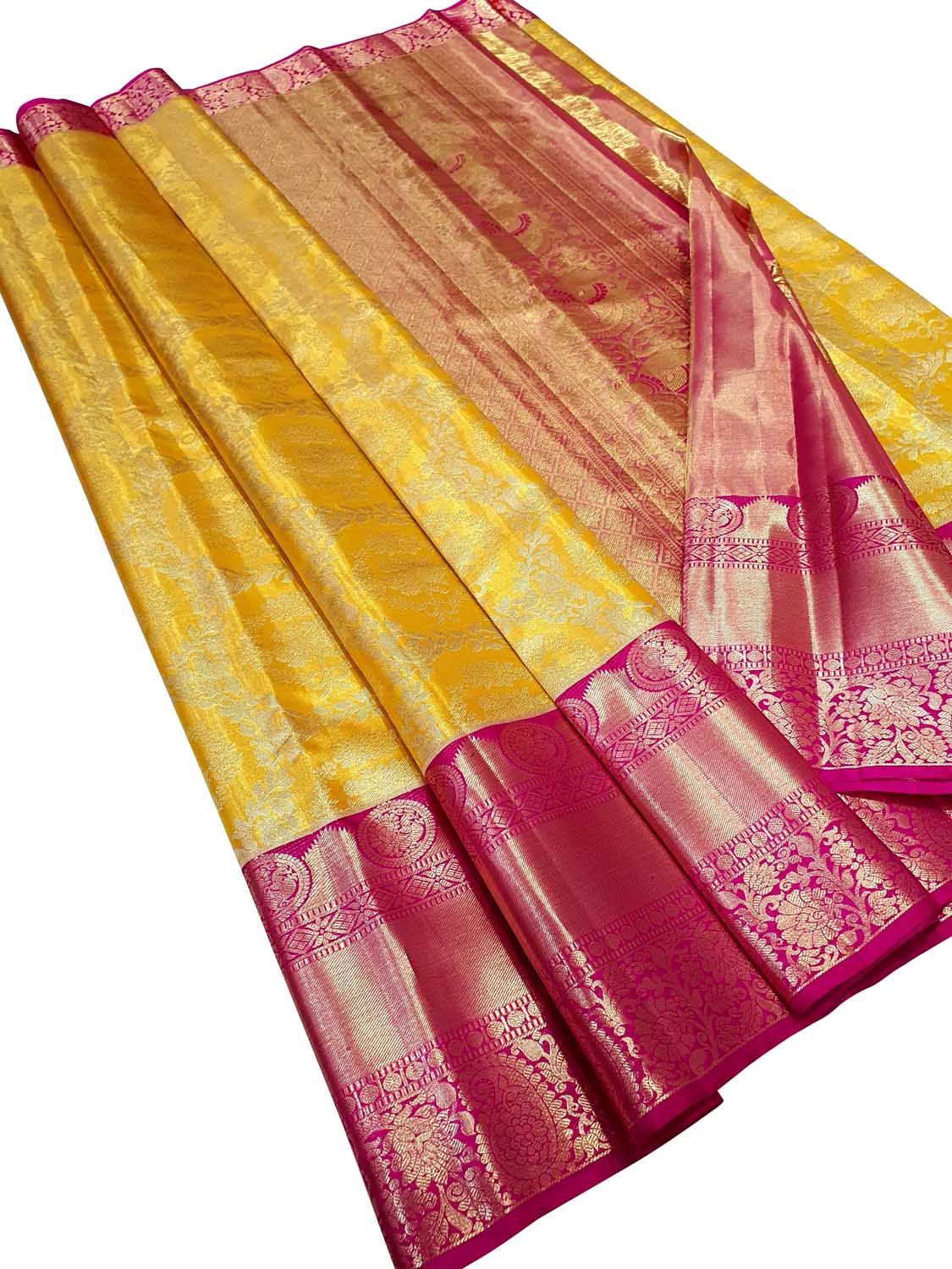 Yellow Kanjeevaram Handloom Pure Tissue Silk Saree - Luxurion World