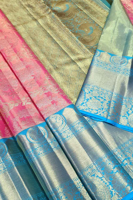 Pink Kanjeevaram Handloom Pure Tissue Silk Saree - Luxurion World