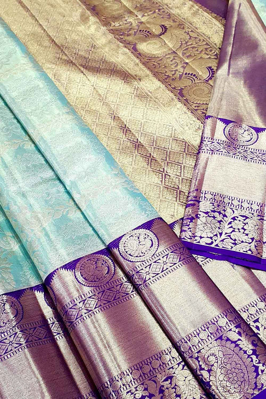 Blue Kanjeevaram Handloom Pure Tissue Silk Saree - Luxurion World