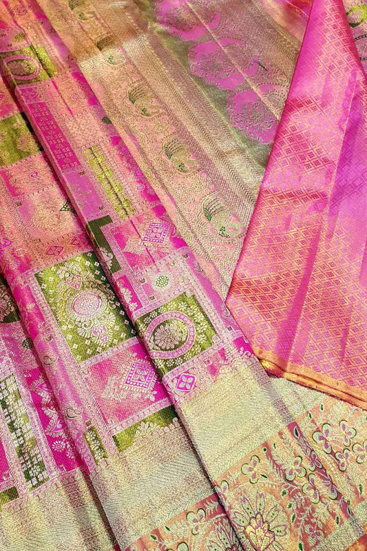 Multicolor Kanjeevaram Handlooms Pure Tissue Silk Saree - Luxurion World