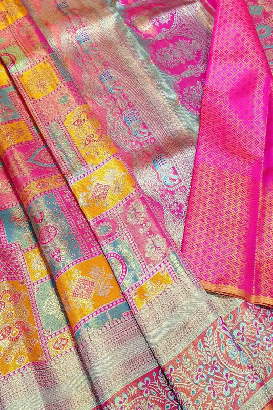 Multicolor Kanjeevaram Handlooms Pure Tissue Silk Saree - Luxurion World