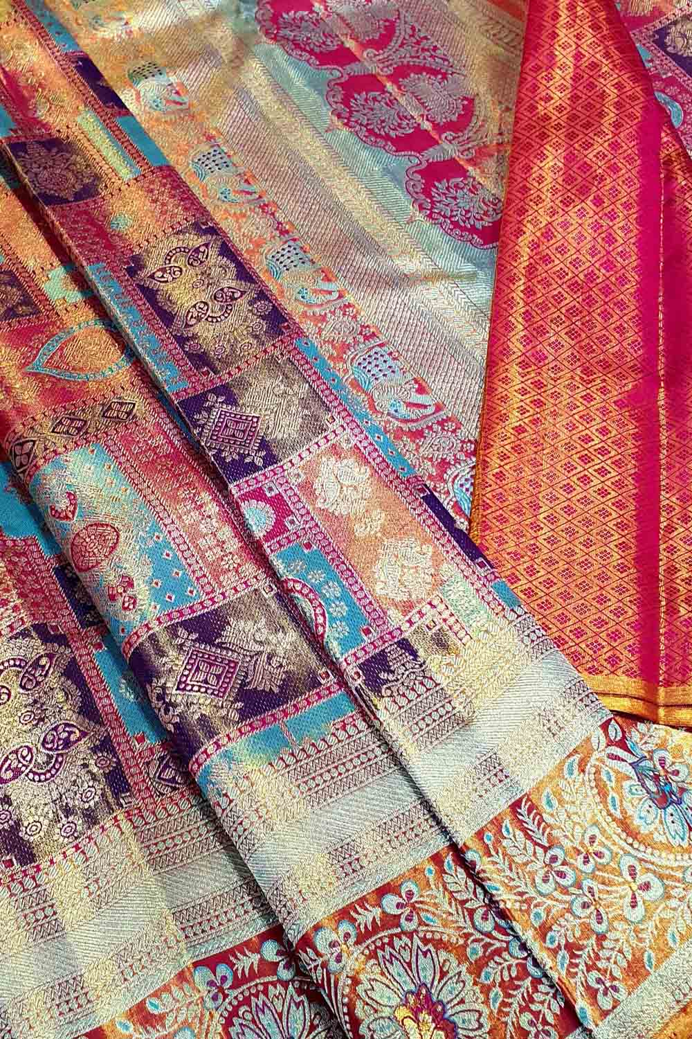 Multicolor Kanjeevaram Handlooms Pure Tissue Silk Saree - Luxurion World