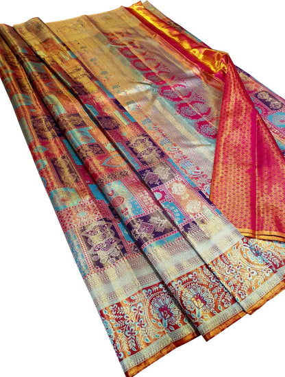 Multicolor Kanjeevaram Handlooms Pure Tissue Silk Saree - Luxurion World