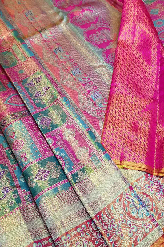 Multicolor Kanjeevaram Handlooms Pure Tissue Silk Saree - Luxurion World