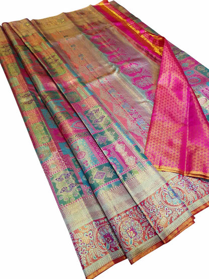 Multicolor Kanjeevaram Handlooms Pure Tissue Silk Saree - Luxurion World