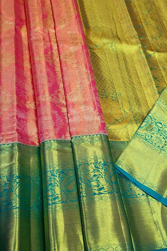 Pink Kanjeevaram Handloom Pure Tissue Silk Saree - Luxurion World