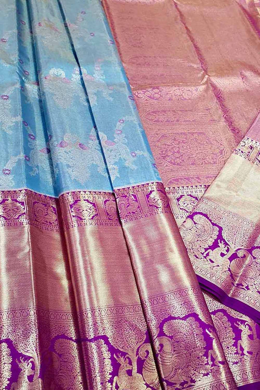 Blue Kanjeevaram Handloom Pure Tissue Silk Saree - Luxurion World