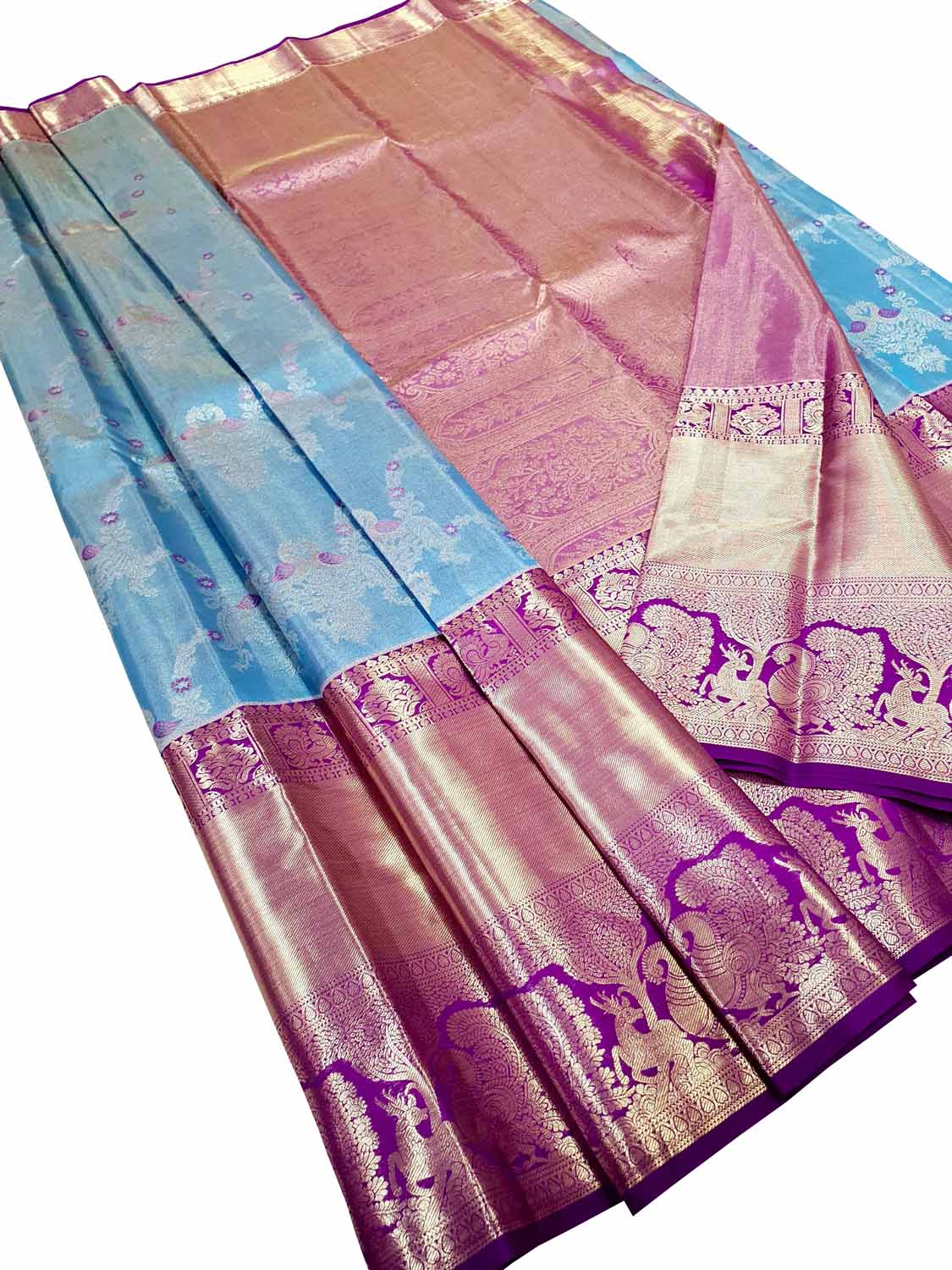 Blue Kanjeevaram Handloom Pure Tissue Silk Saree - Luxurion World