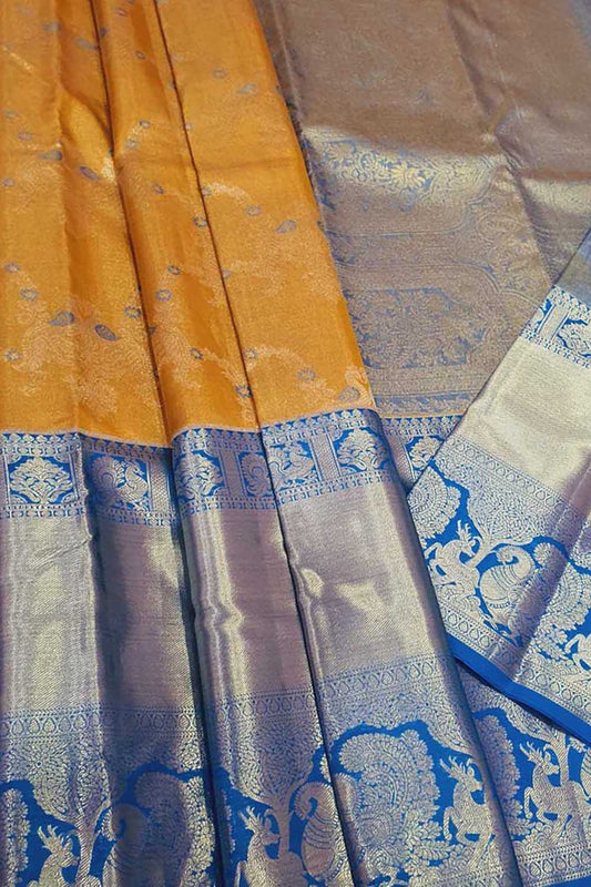 Yellow Kanjeevaram Handloom Pure Tissue Silk Saree - Luxurion World