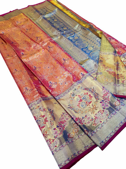 Multicolor Kanjeevaram Handlooms Pure Tissue Silk Saree - Luxurion World