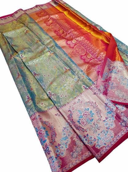 Multicolor Kanjeevaram Handlooms Pure Tissue Silk Saree - Luxurion World