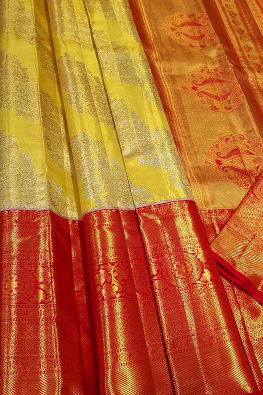 Golden Kanjeevaram Handloom Pure Tissue Silk Saree - Luxurion World
