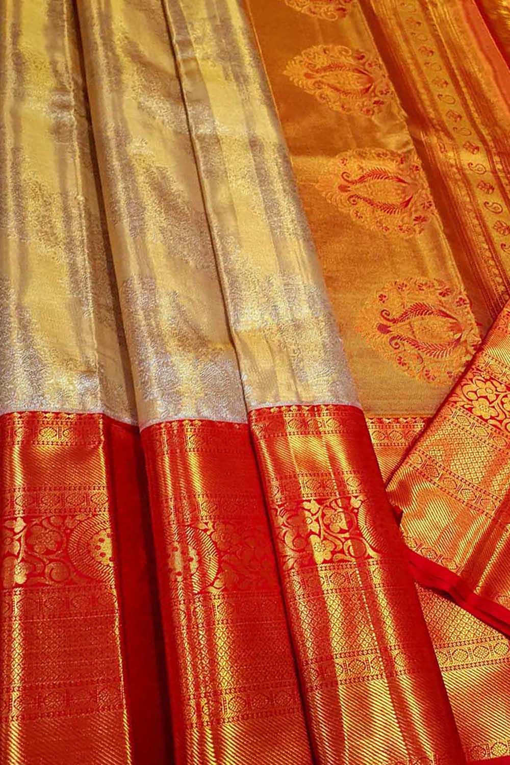 Golden Kanjeevaram Handloom Pure Tissue Silk Saree - Luxurion World