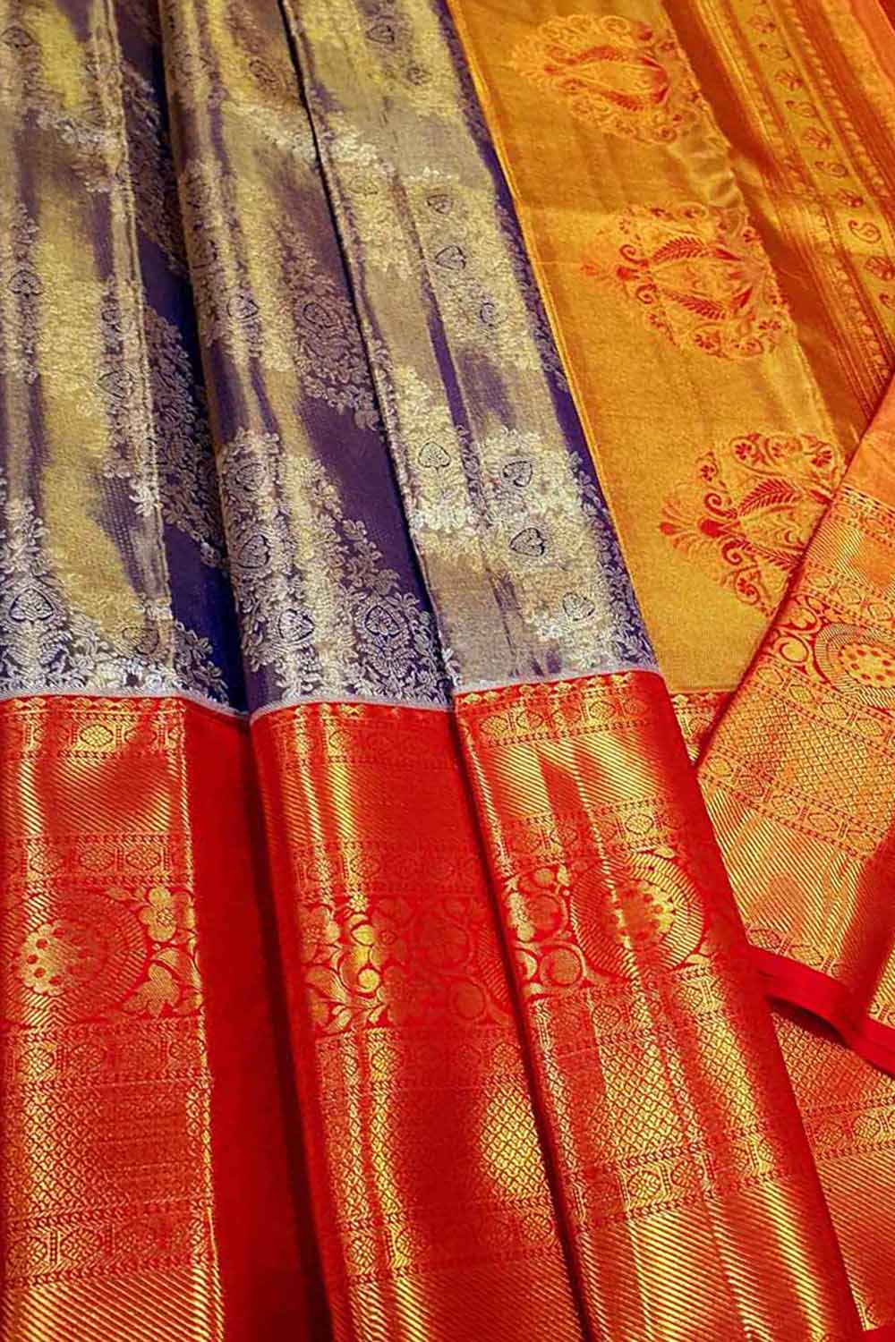 Blue Kanjeevaram Handloom Pure Tissue Silk Saree - Luxurion World
