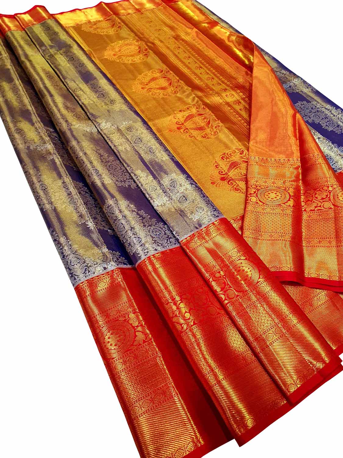 Blue Kanjeevaram Handloom Pure Tissue Silk Saree - Luxurion World