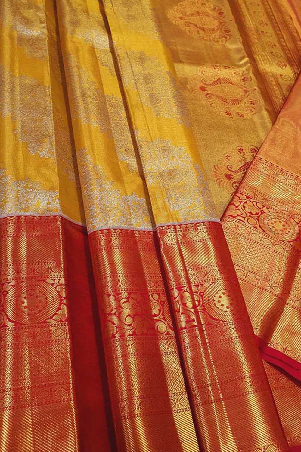 Golden Kanjeevaram Handloom Pure Tissue Silk Saree - Luxurion World