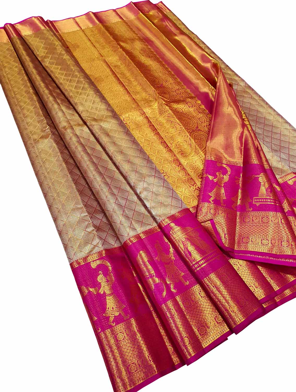 Golden Kanjeevaram Handloom Pure Silk Saree - Luxurion World