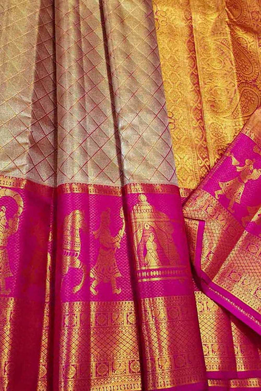 Golden Kanjeevaram Handloom Pure Silk Saree - Luxurion World