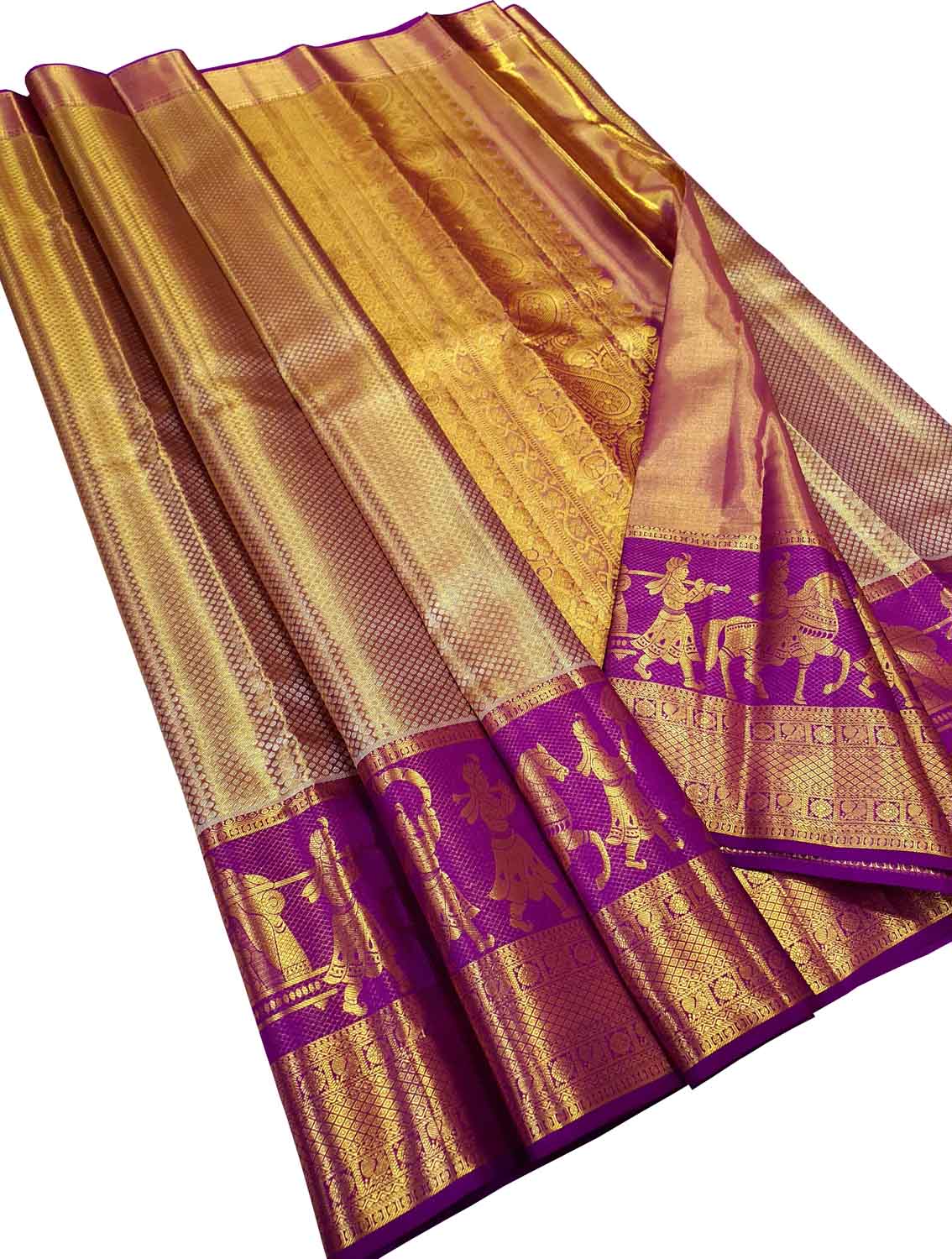 Golden Kanjeevaram Handloom Pure Silk Saree - Luxurion World