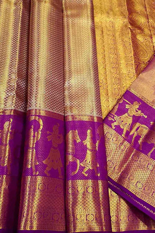 Golden Kanjeevaram Handloom Pure Silk Saree - Luxurion World