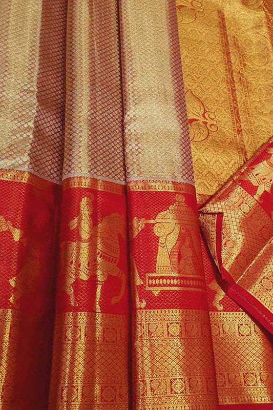 Golden Kanjeevaram Handloom Pure Silk Saree - Luxurion World