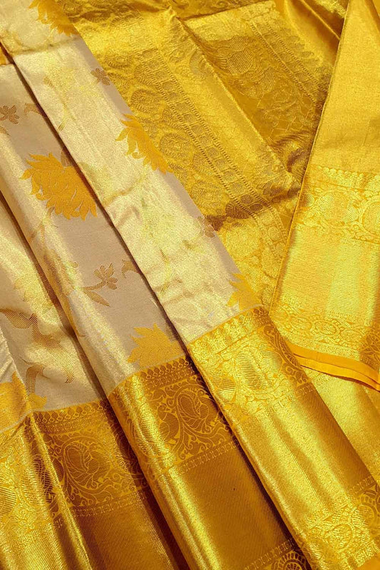Golden Kanjeevaram Handloom Pure Tissue Silk Saree - Luxurion World