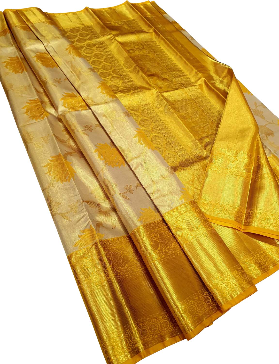 Golden Kanjeevaram Handloom Pure Tissue Silk Saree - Luxurion World