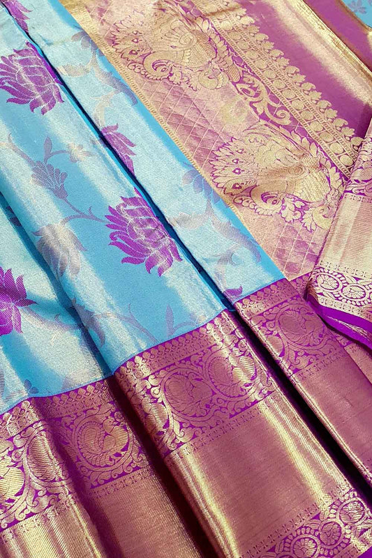 Blue Kanjeevaram Handloom Pure Tissue Silk Saree - Luxurion World