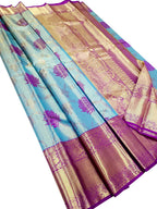 Blue Kanjeevaram Handloom Pure Tissue Silk Saree - Luxurion World