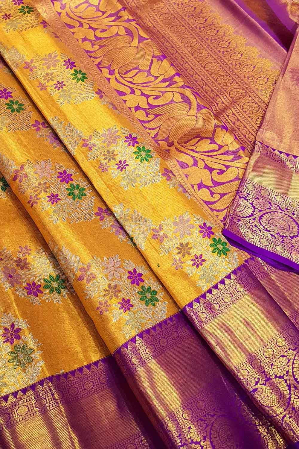 Multicolor Kanjeevaram Handloom Pure Tissue Silk Saree - Luxurion World