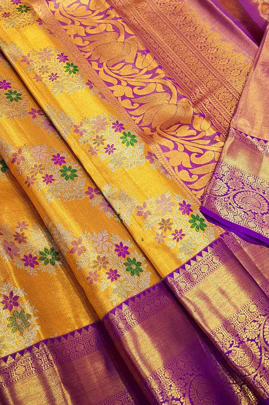 Multicolor Kanjeevaram Handloom Pure Tissue Silk Saree - Luxurion World