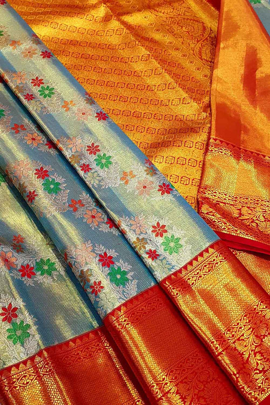 Multicolor Kanjeevaram Handloom Pure Tissue Silk Saree - Luxurion World