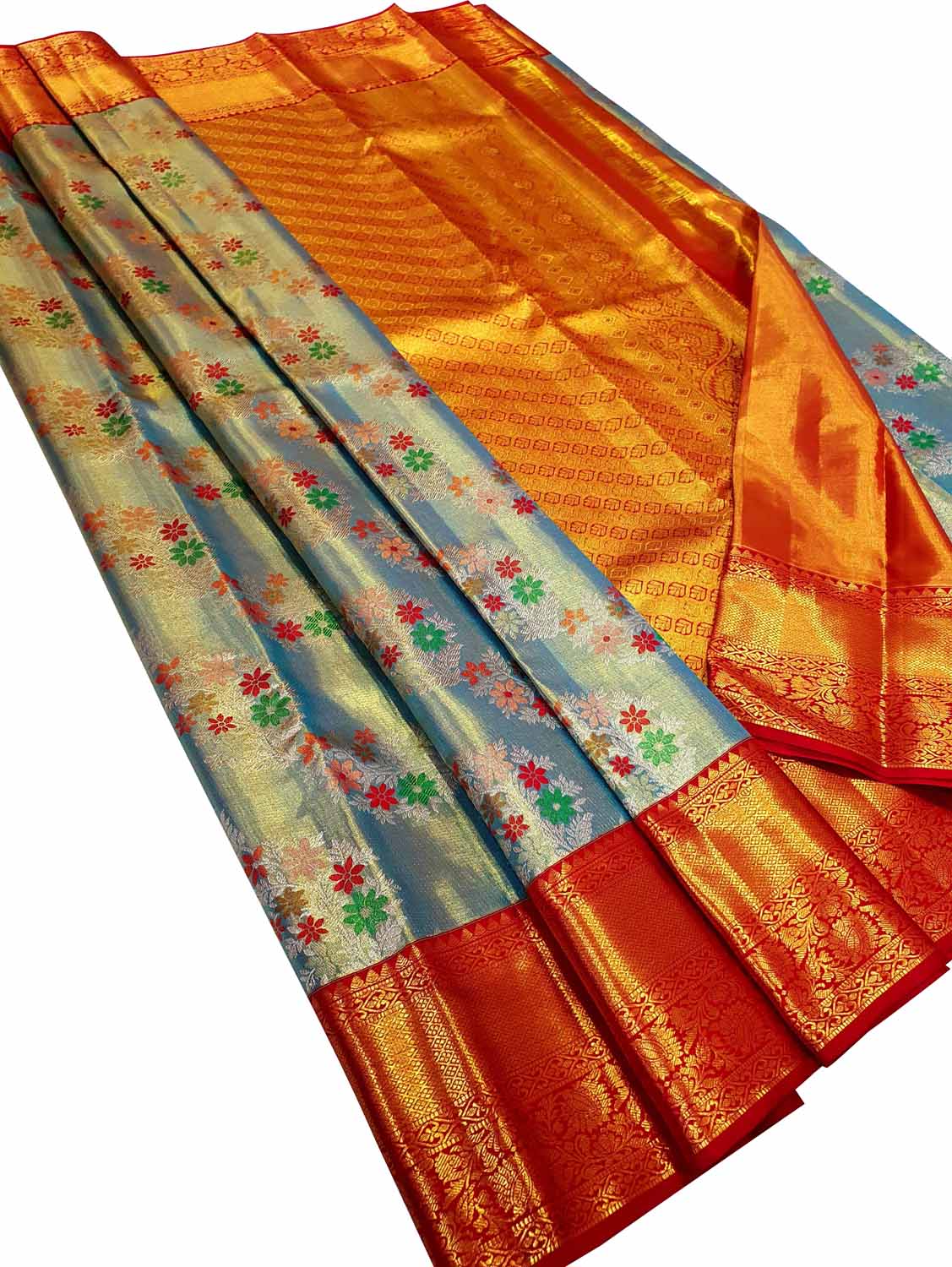 Multicolor Kanjeevaram Handloom Pure Tissue Silk Saree - Luxurion World