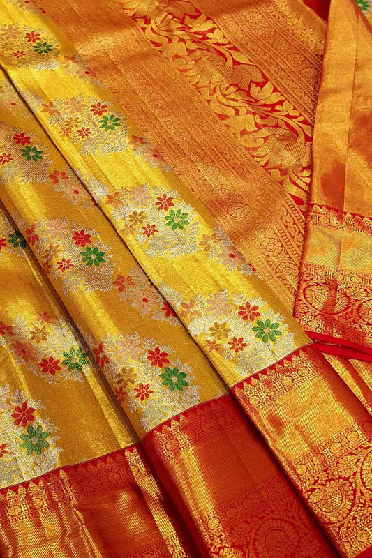 Multicolor Kanjeevaram Handloom Pure Tissue Silk Saree - Luxurion World