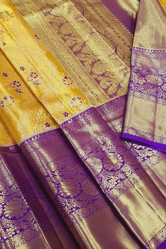 Timeless Elegance: Exquisite Yellow Kanjeevaram Handloom Pure Tissue Silk Saree - Luxurion World
