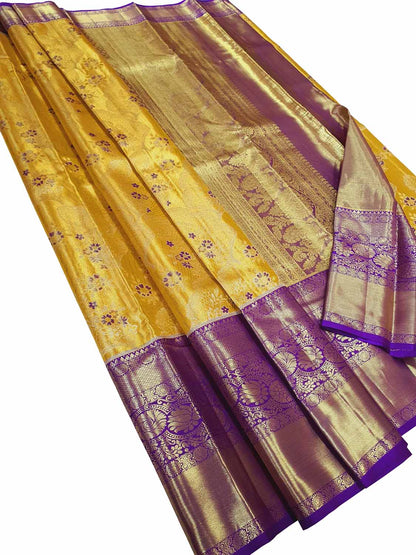 Timeless Elegance: Exquisite Yellow Kanjeevaram Handloom Pure Tissue Silk Saree - Luxurion World