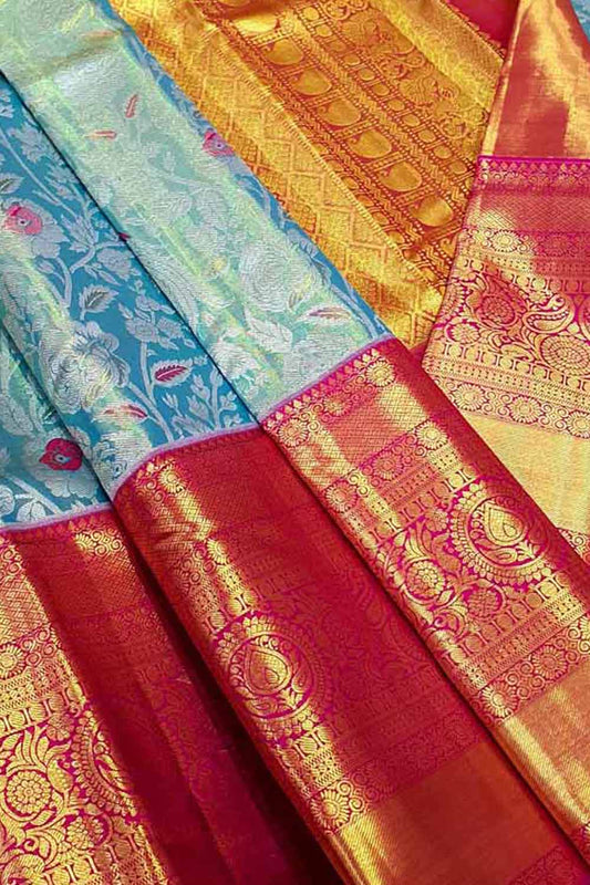 Timeless Elegance: Exquisite Blue Kanjeevaram Handloom Pure Tissue Silk Saree - Luxurion World